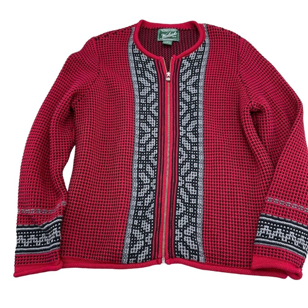 Woolrich Cardigan Women Large Red Black Zip Basket Weave‎ Check Cotton Sweater